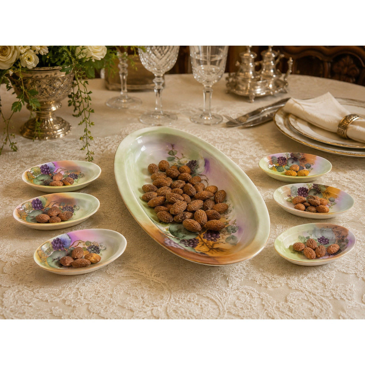 Antique O&EG Royal Austria Salted Almond Nut Set Hand Painted Grapes 7 Pc – main view