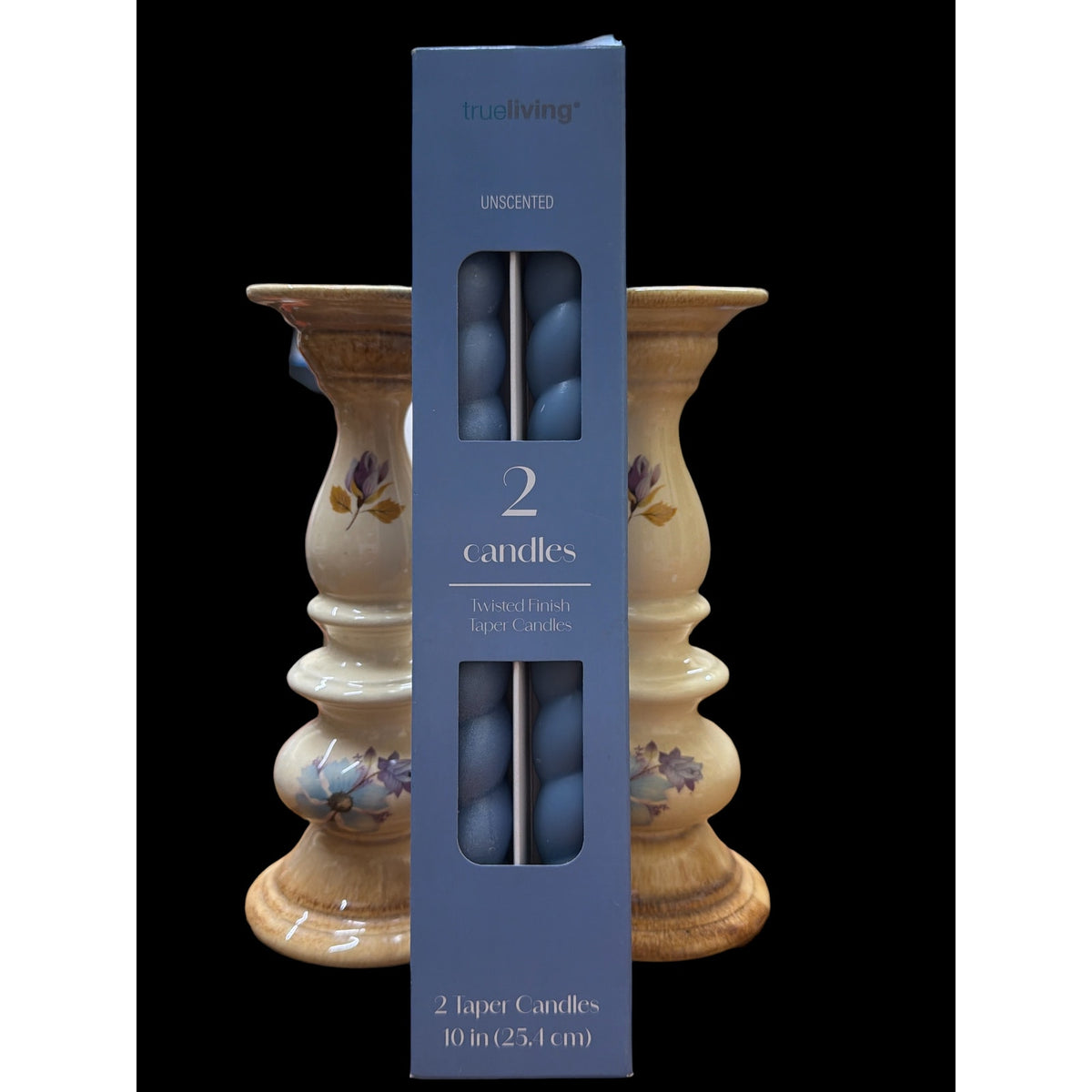 Vintage Floral Ceramic Candlestick Holders Pair 8 Inch with Blue Taper Candles