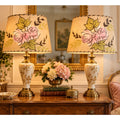 Vintage Floral Lampshades Pair Pink Roses Laced Parchment Style 1950s 14 Inch