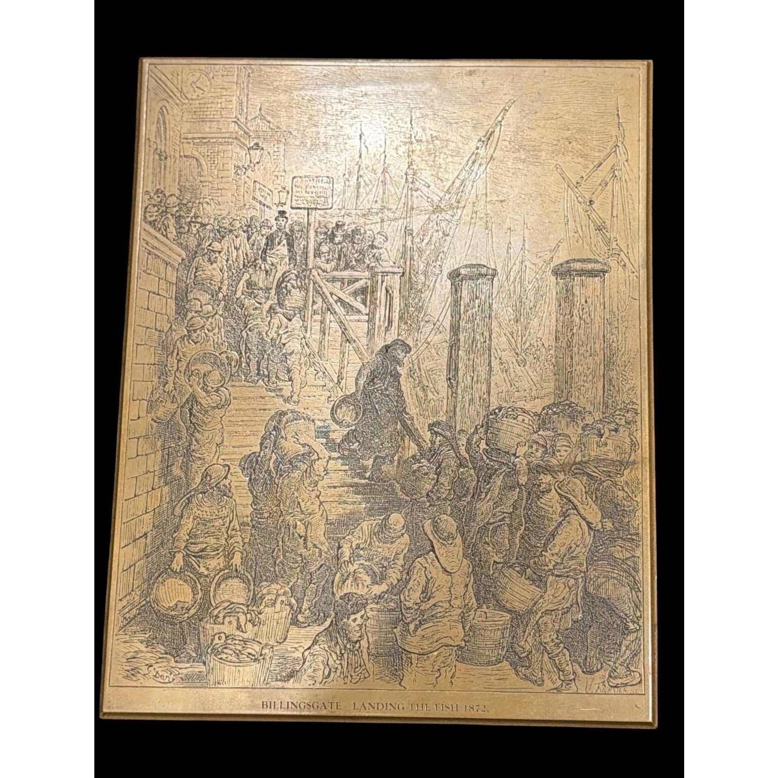 Victorian Brass Engraved Plaque Billingsgate Fish Market 1872 Wall Art
