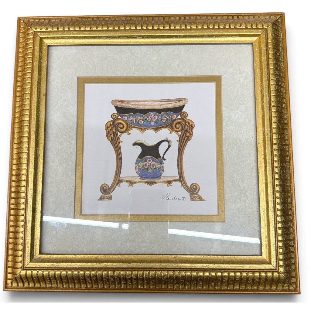 Vintage Maurboa Pitcher Washstand Prints Pair Ornate Gilt Frames 11.5"