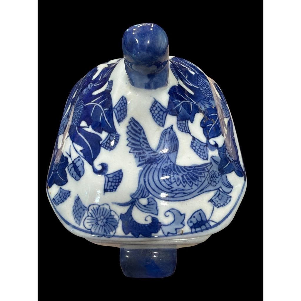 Vintage Blue White Porcelain Phoenix Bird Lidded Jar Octagonal 7 Inch