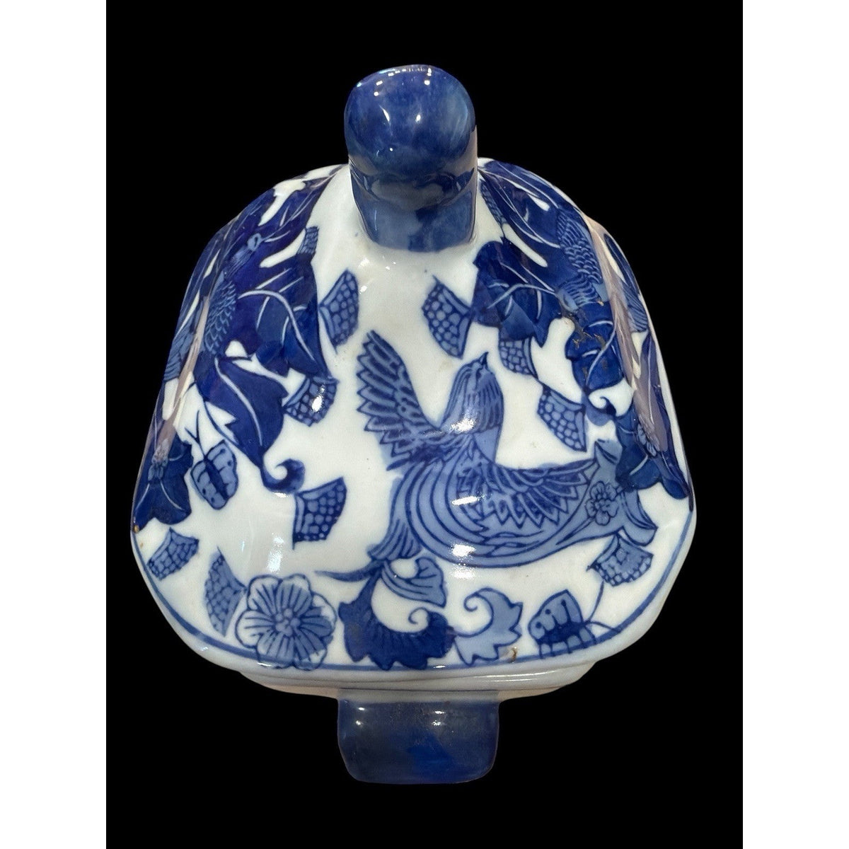 Vintage Blue White Porcelain Phoenix Bird Lidded Jar Octagonal 7 Inch