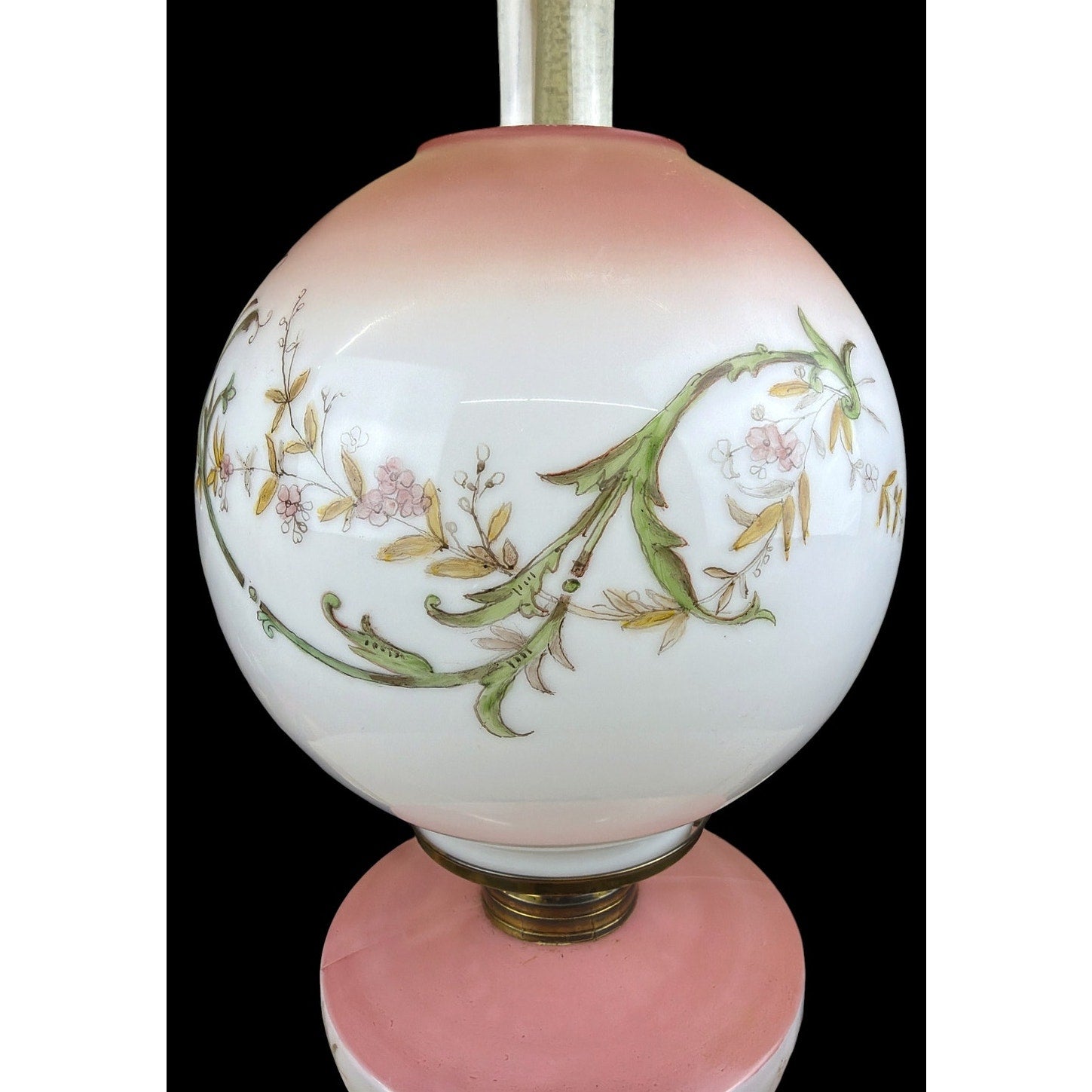 Antique Victorian 31" Banquet Lamp Hand Painted Pink Opal Glass Electric