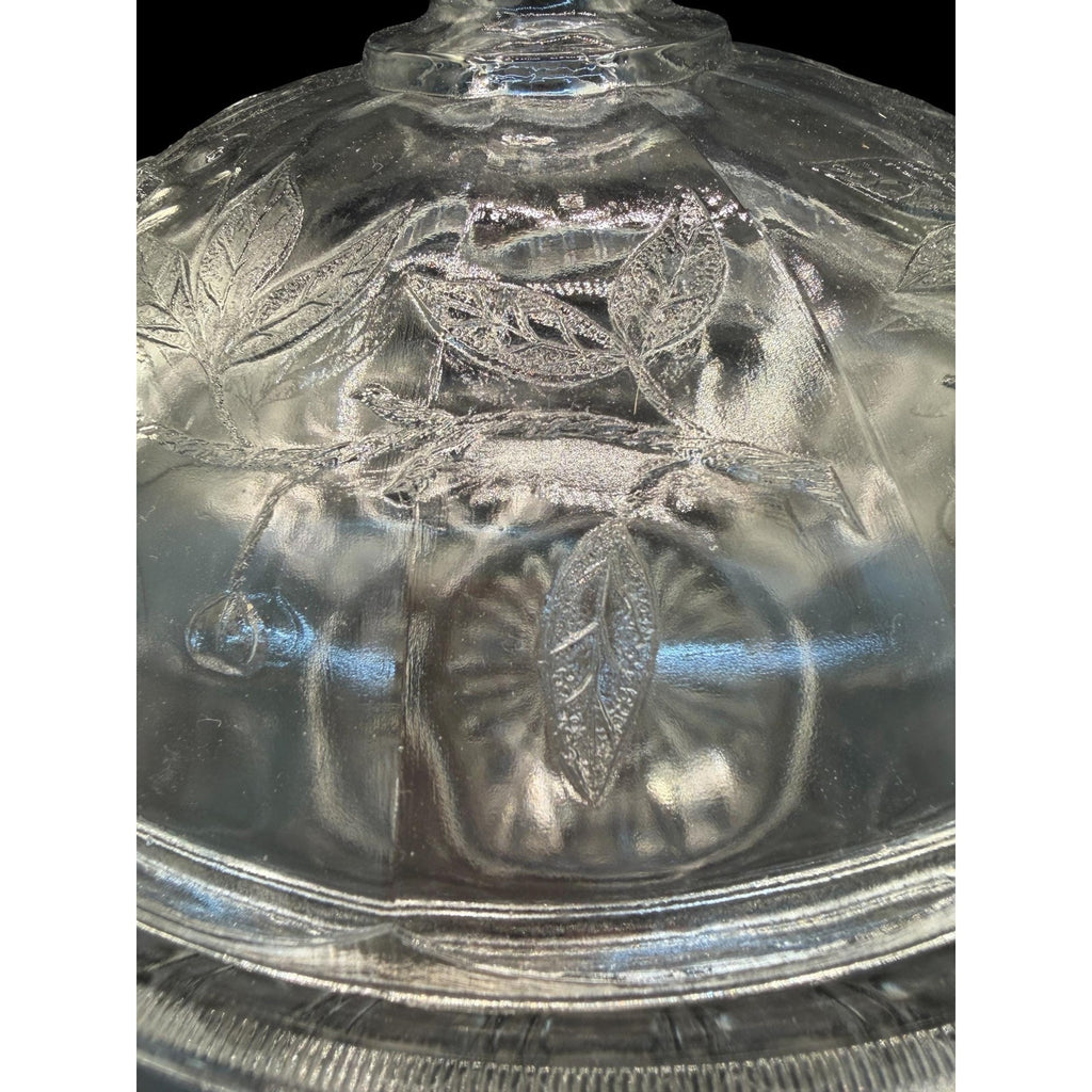 Vintage Pressed Glass Covered Candy Dish Cherry Pattern Lid Bowl 8”