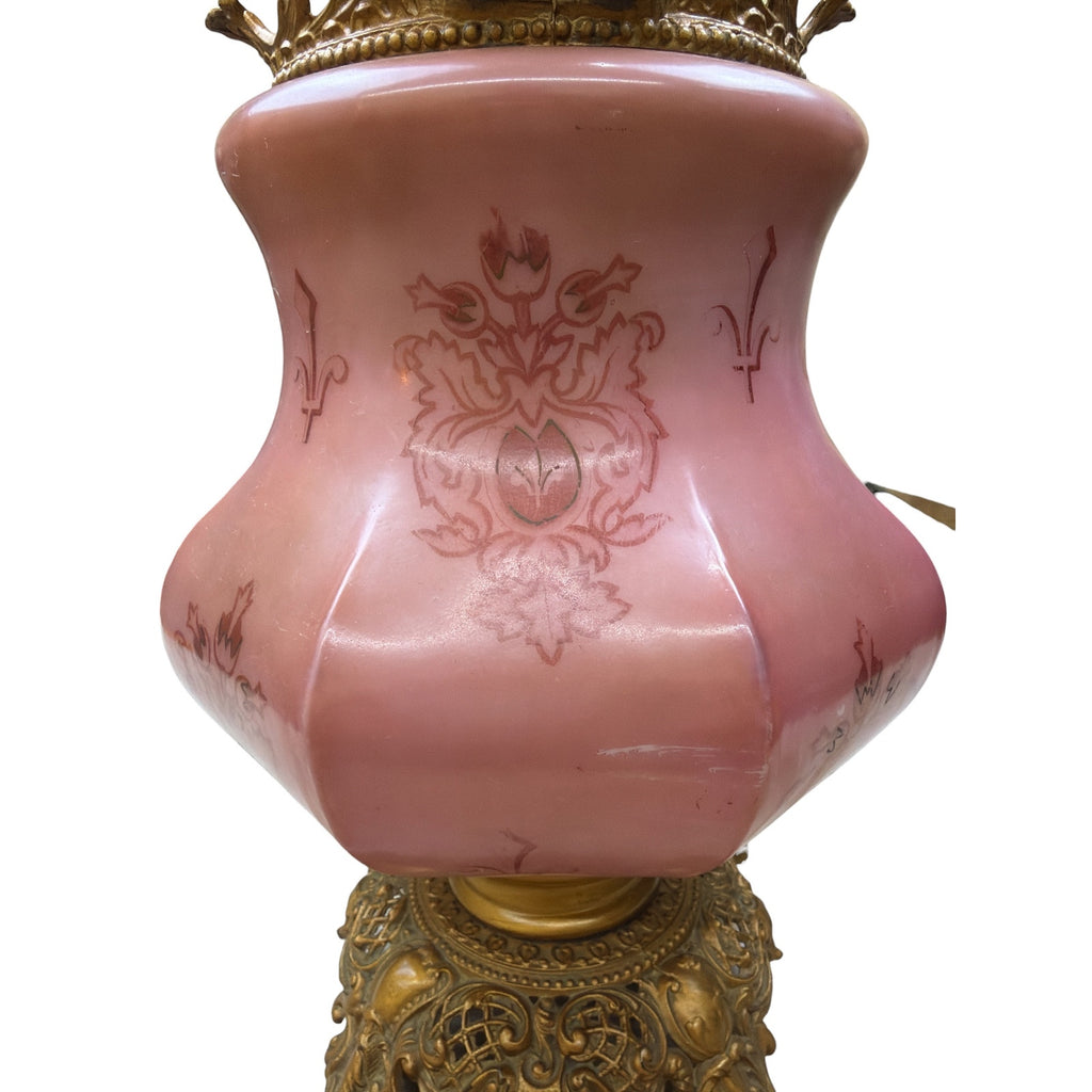 Antique Banquet Oil Lamp Pink Satin Glass Success Burner Floral Globe