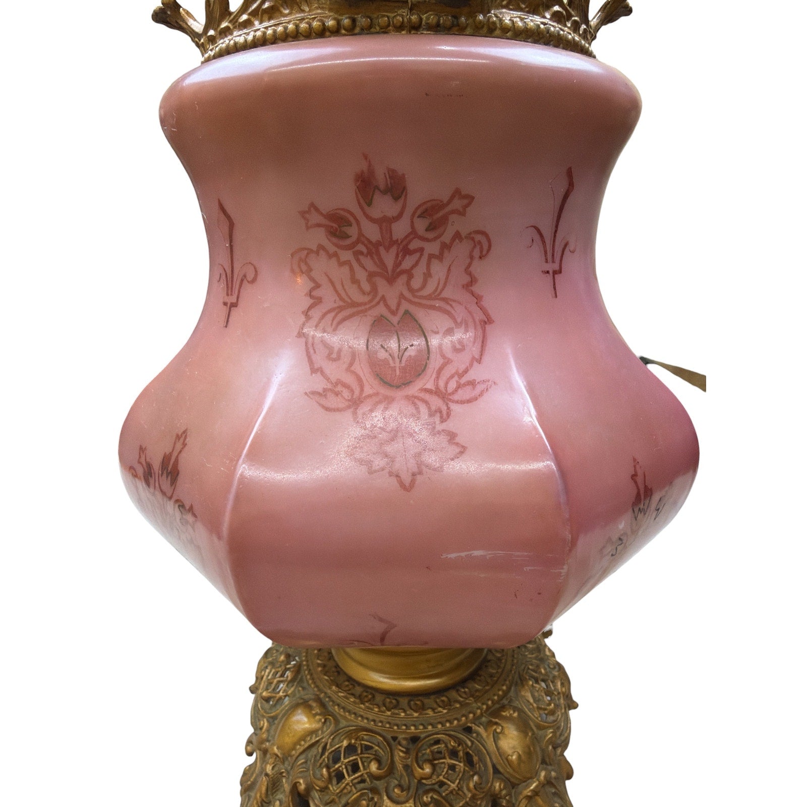 Antique Banquet Oil Lamp Pink Satin Glass Success Burner Floral Globe