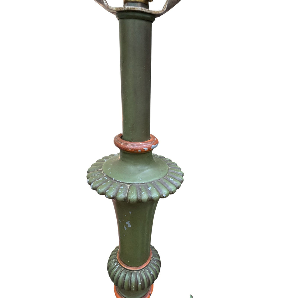 Vintage Metal Table Lamp Pair Olive Avocado Green Urn Form Orange Accents