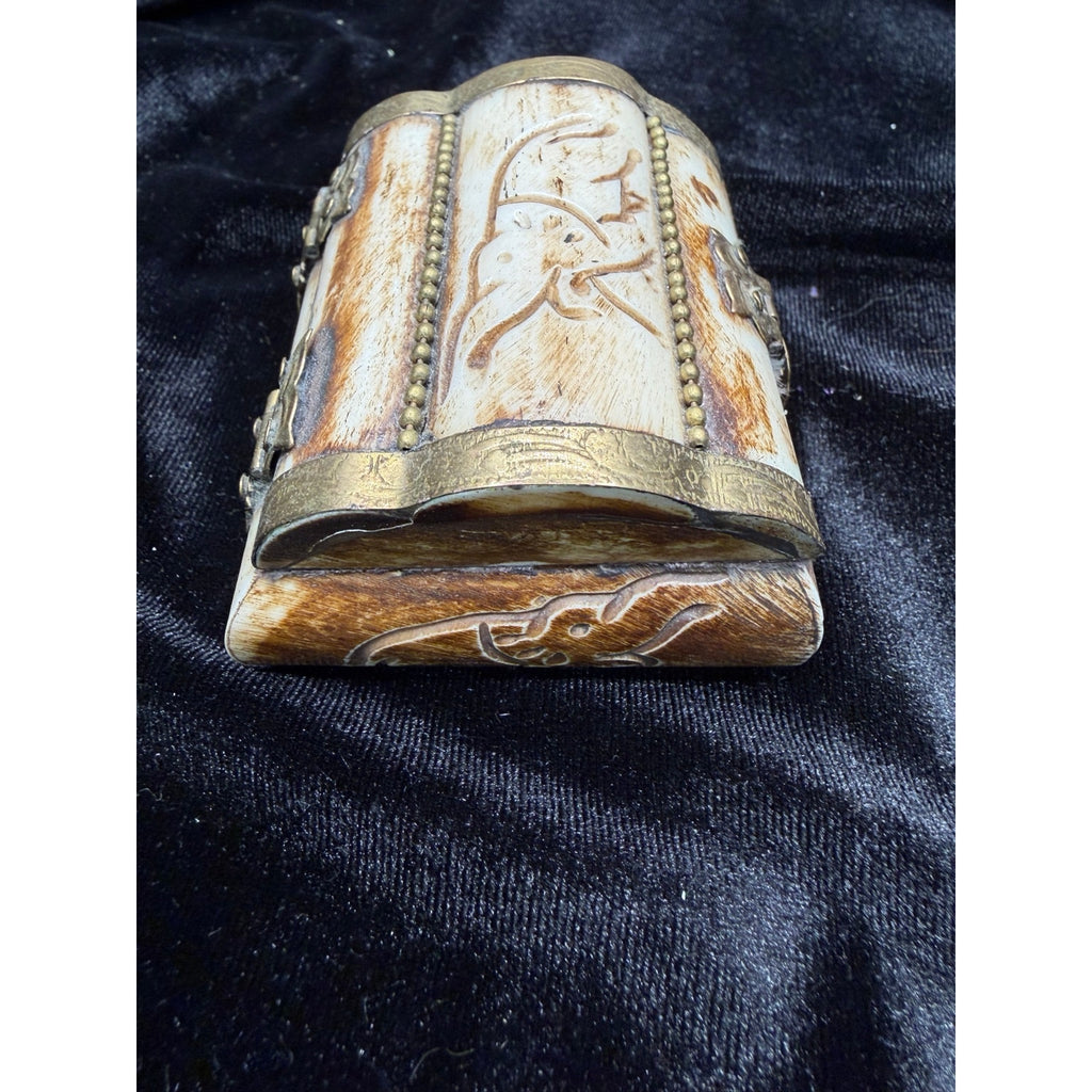 Vintage Carved Bone Brass Trinket Box Purple Velvet Lined Jewelry Box