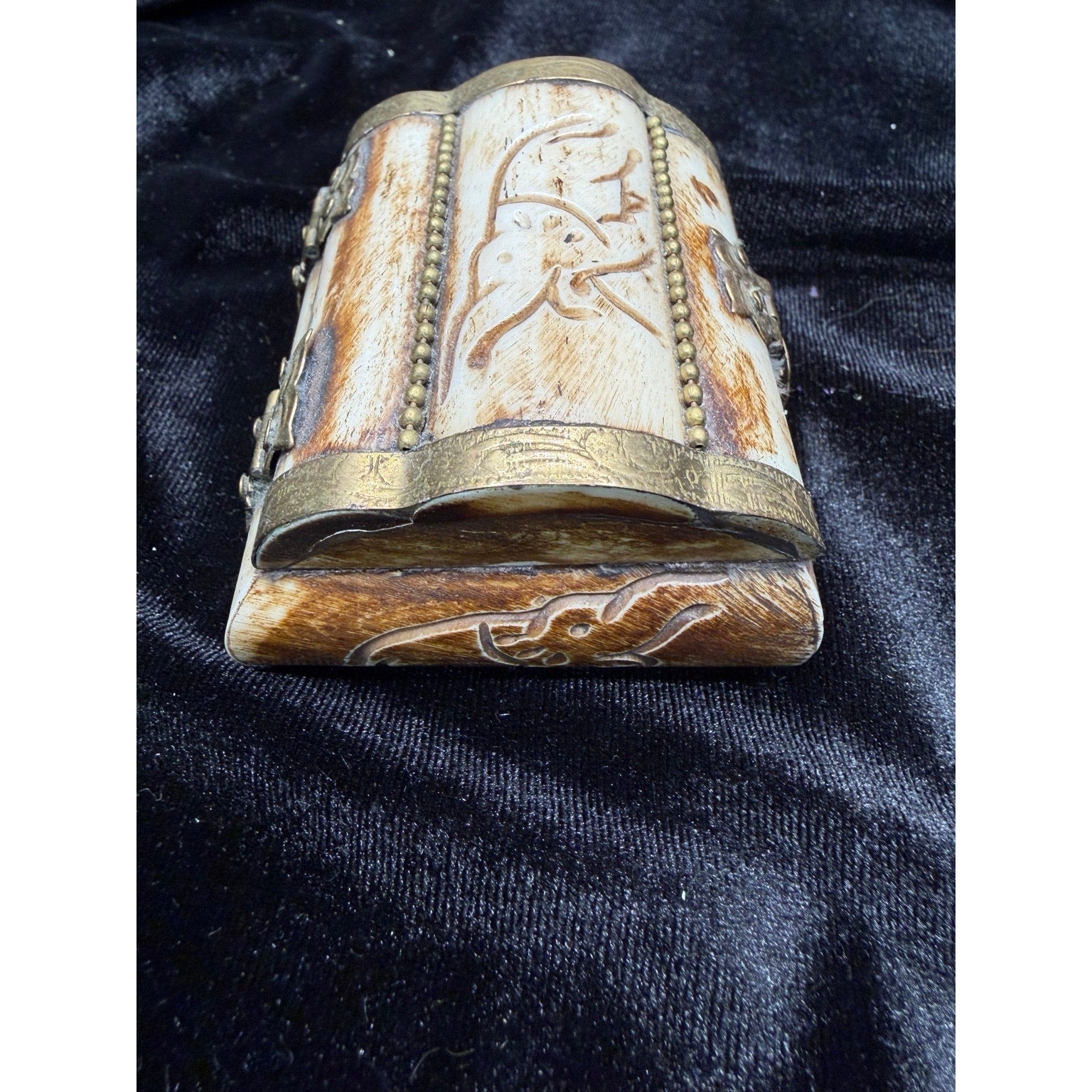 Vintage Carved Bone Brass Trinket Box Purple Velvet Lined Jewelry Box