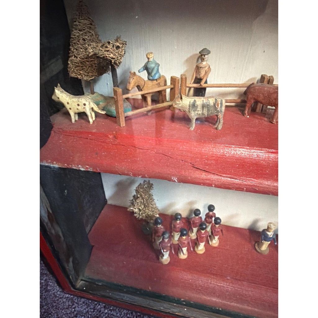Antique Alpine Folk Art Diorama Shadow Box Miniature Village 15” Wall Cabinet