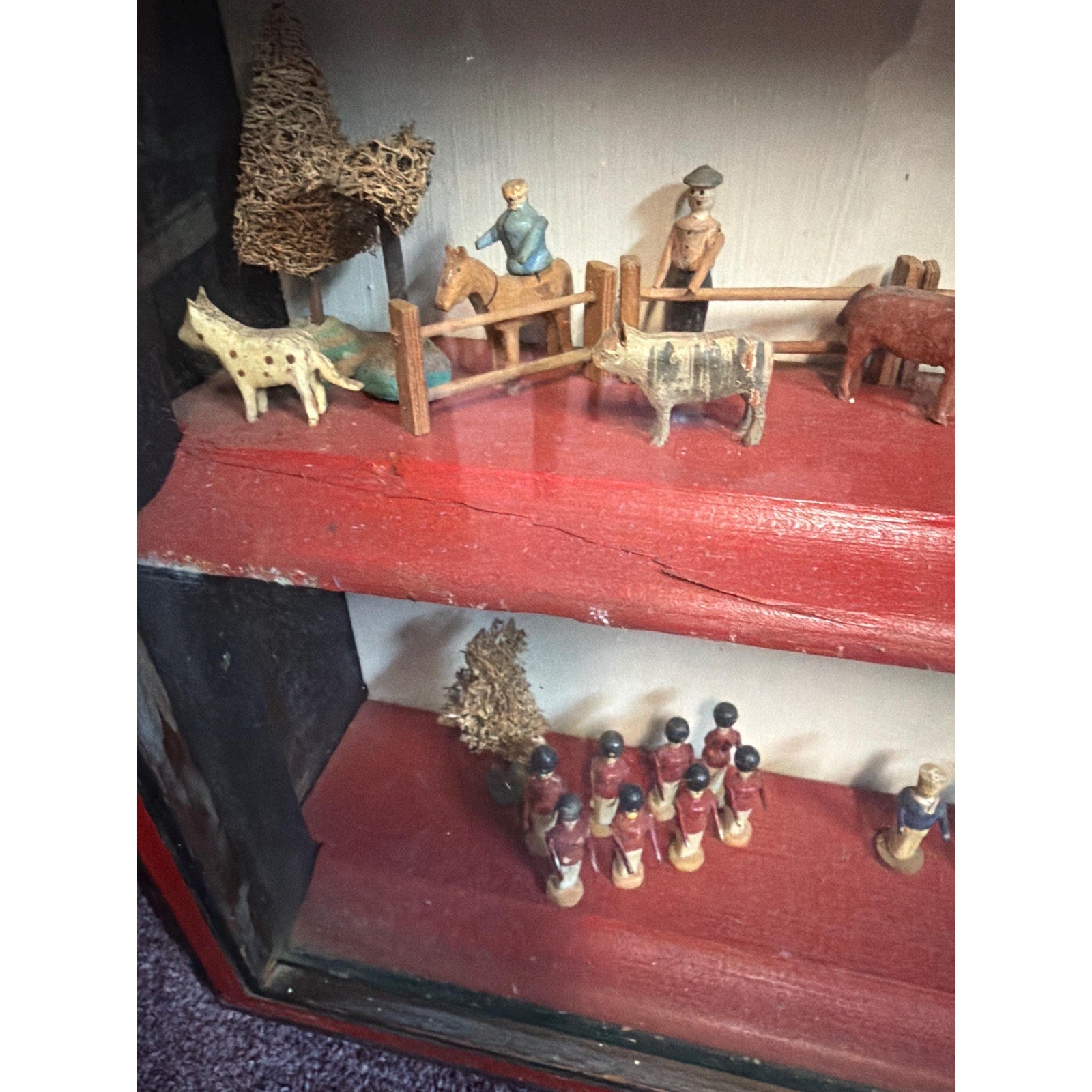 Antique Alpine Folk Art Diorama Shadow Box Miniature Village 15” Wall Cabinet