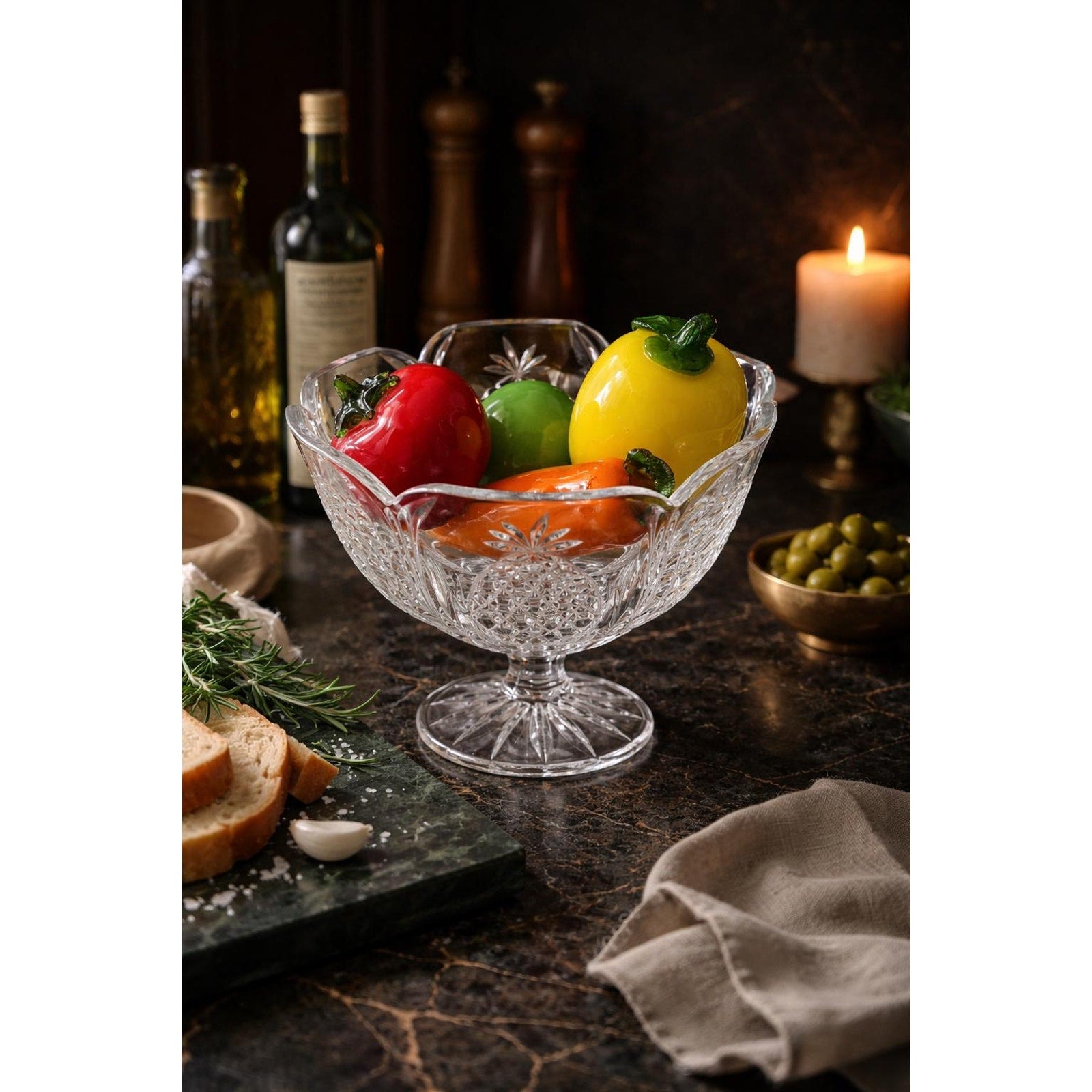 Vintage Pressed Glass Pedestal Fruit Bowl Set, Italian Tuscan Kitchen Decor