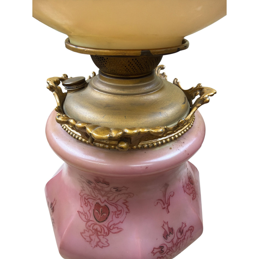 Antique Banquet Oil Lamp Pink Satin Glass Success Burner Floral Globe