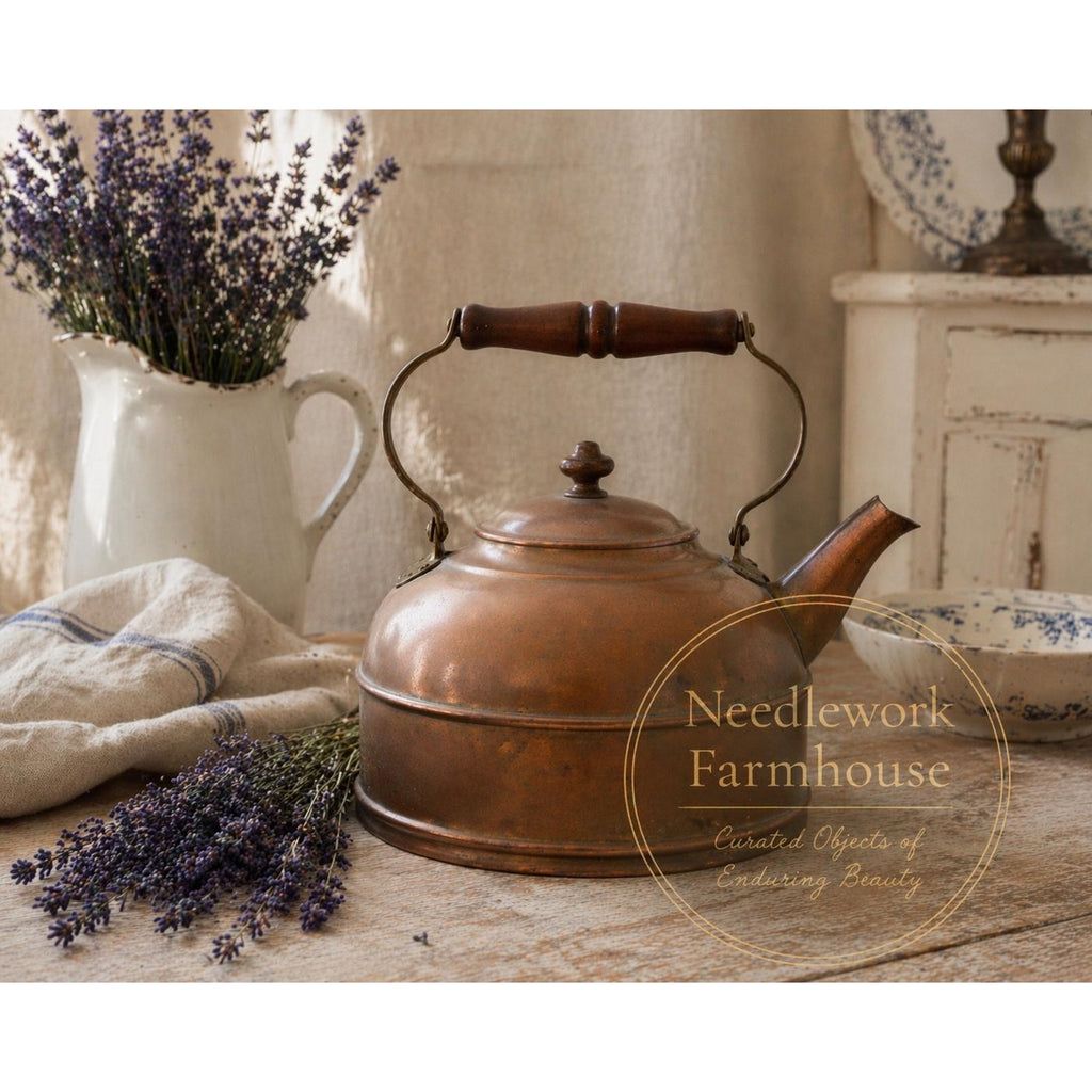 Antique Copper Tea Kettle Primitive Farmhouse Decor Wood Handle 1930s