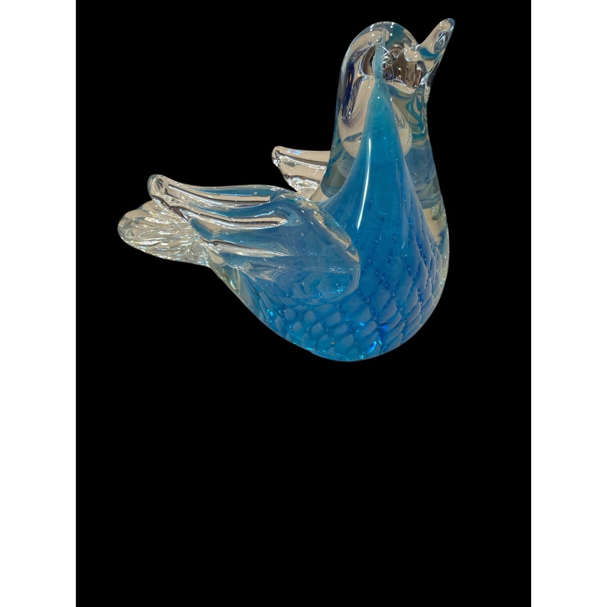 Hand Blown Blue Art Glass Bird Paperweight Figurine 7” Dia Coastal Decor