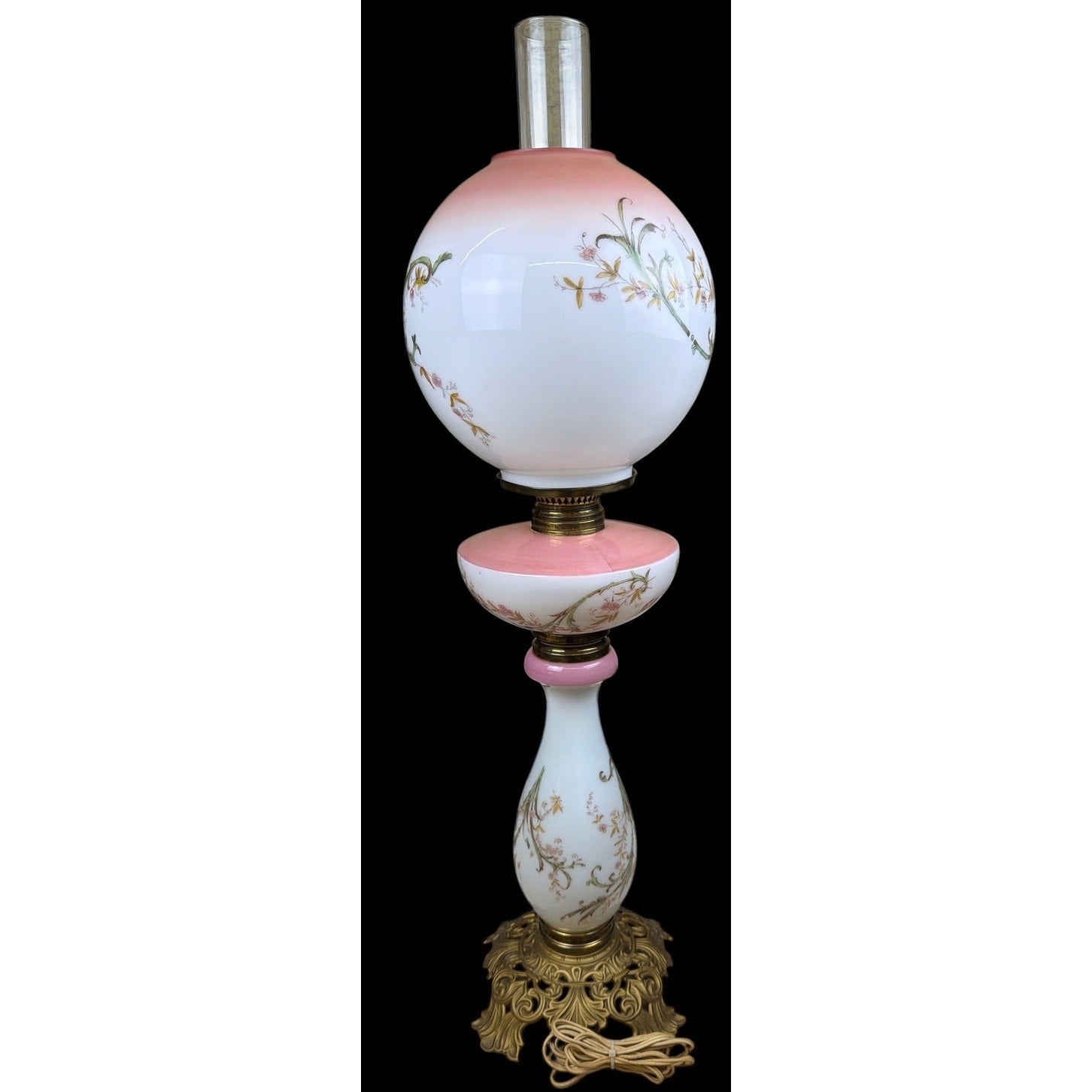 Antique Victorian 31" Banquet Lamp Hand Painted Pink Opal Glass Electric