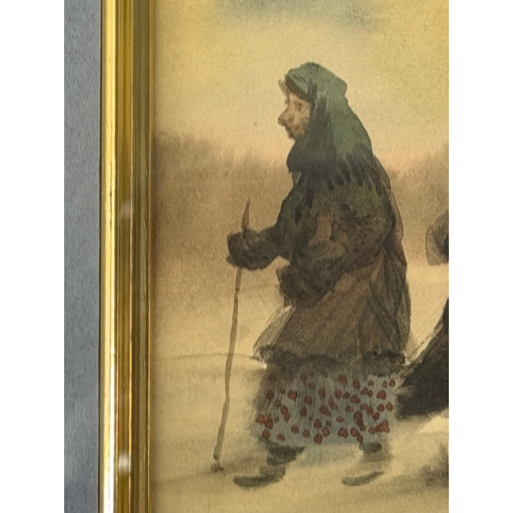 Original Watercolor Painting Russian Winter Procession Gilt Framed Folk Art – additional view 8
