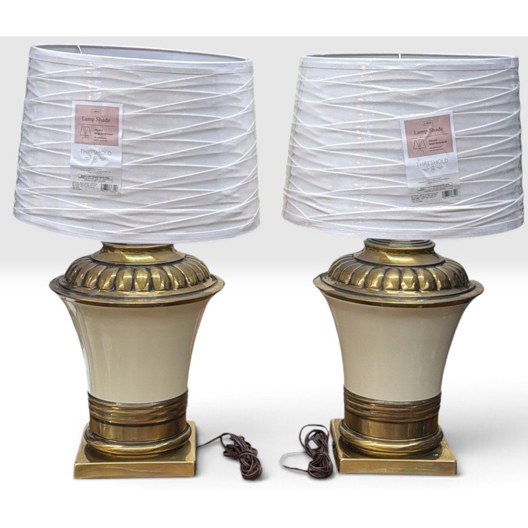Vintage Brass Table Lamps Hollywood Regency Cream Urn Pair Large 25" – additional view 2