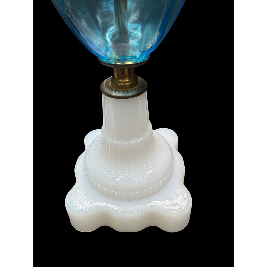 Pair Antique Converted Oil Lamp Boudoir Lamps Blue Glass & Milk Glass