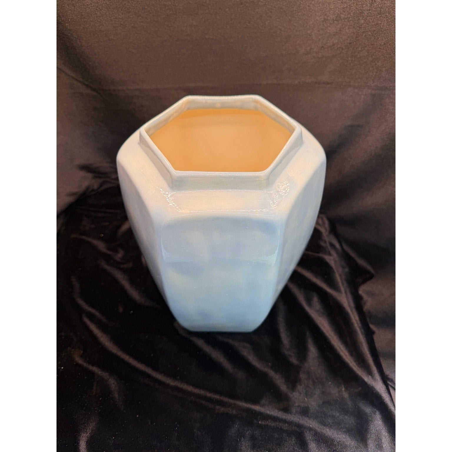 Large Signed Studio Pottery Vase Pale Blue Hexagon Art Pottery 11 Inch 1988
