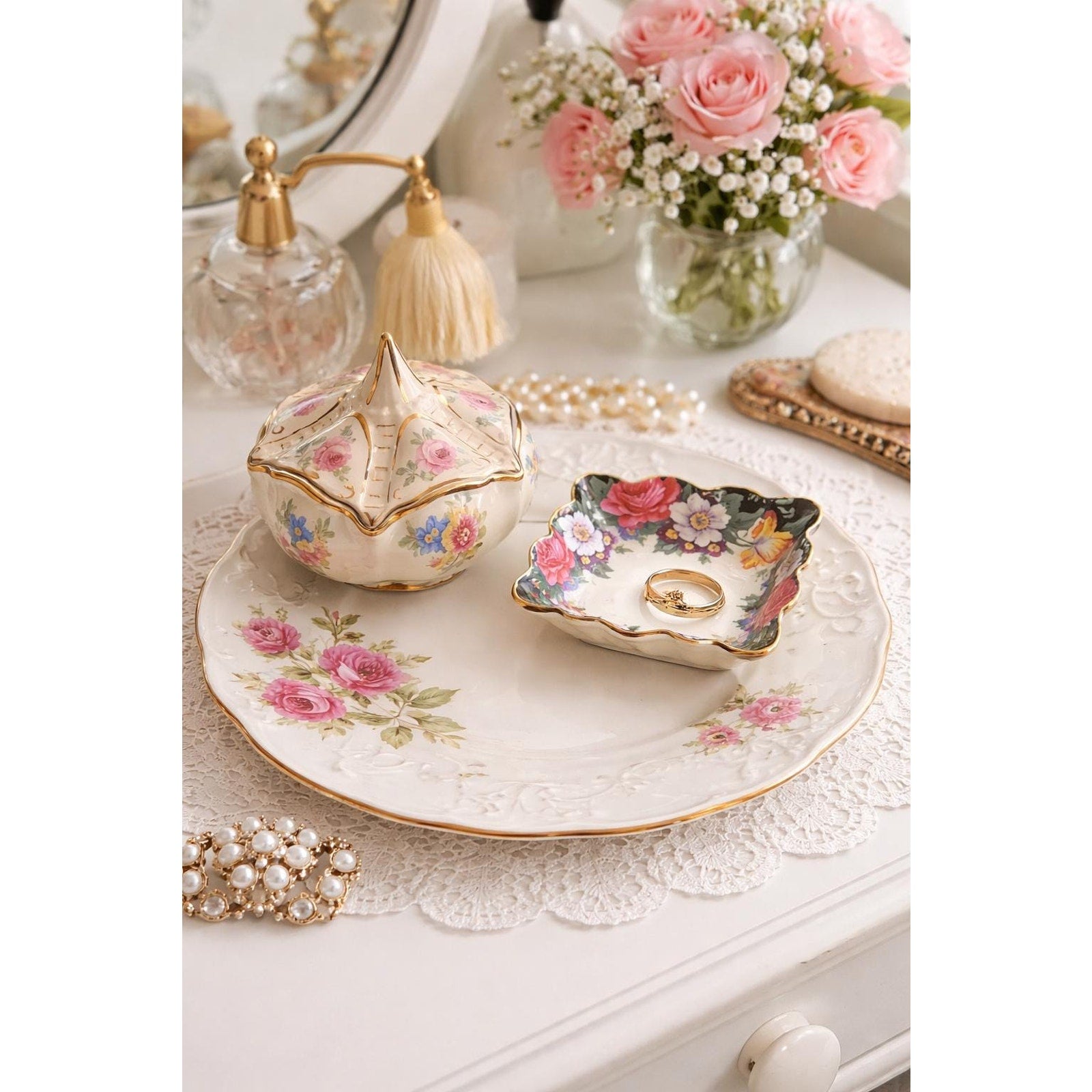 Vintage Floral Vanity Set Paragon Bone China Dish Trinket Box Plate Cottage