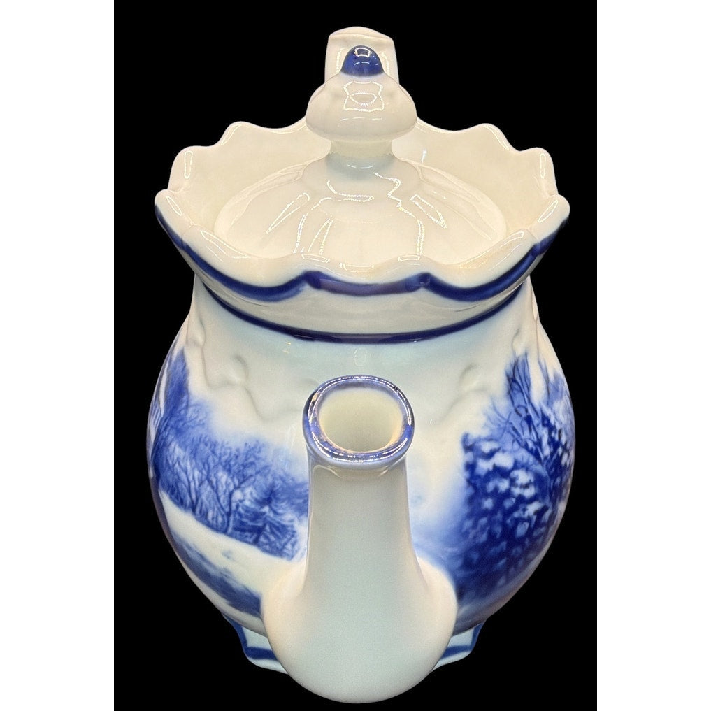 Vintage Blue White Scenic Teapot 40–48 oz Winter Cottage Tea Pot