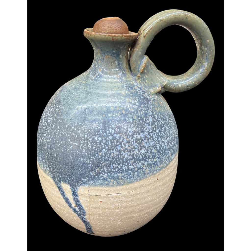 Vintage Signed Studio Pottery Oil Lamp Blue Speckled Stoneware Jug 6" – main view