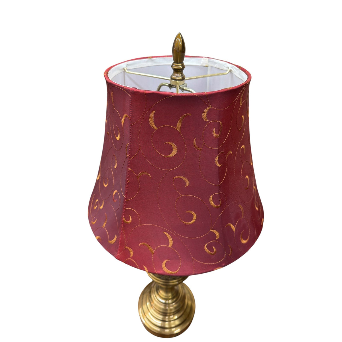 Vintage Brass Urn Table Lamps Pair with Burgundy Embroidered Silk Shades
