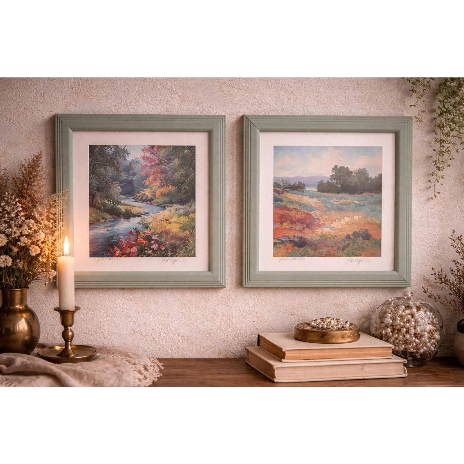 Vintage Alex Stefani Landscape Prints: Blue Woods, Golden Moments (Set of 2)