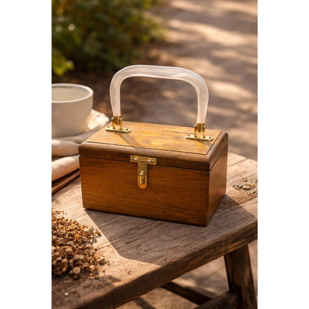 Vintage Wooden Box Purse with Pearl Lucite Handle – Mid Century Style Bag