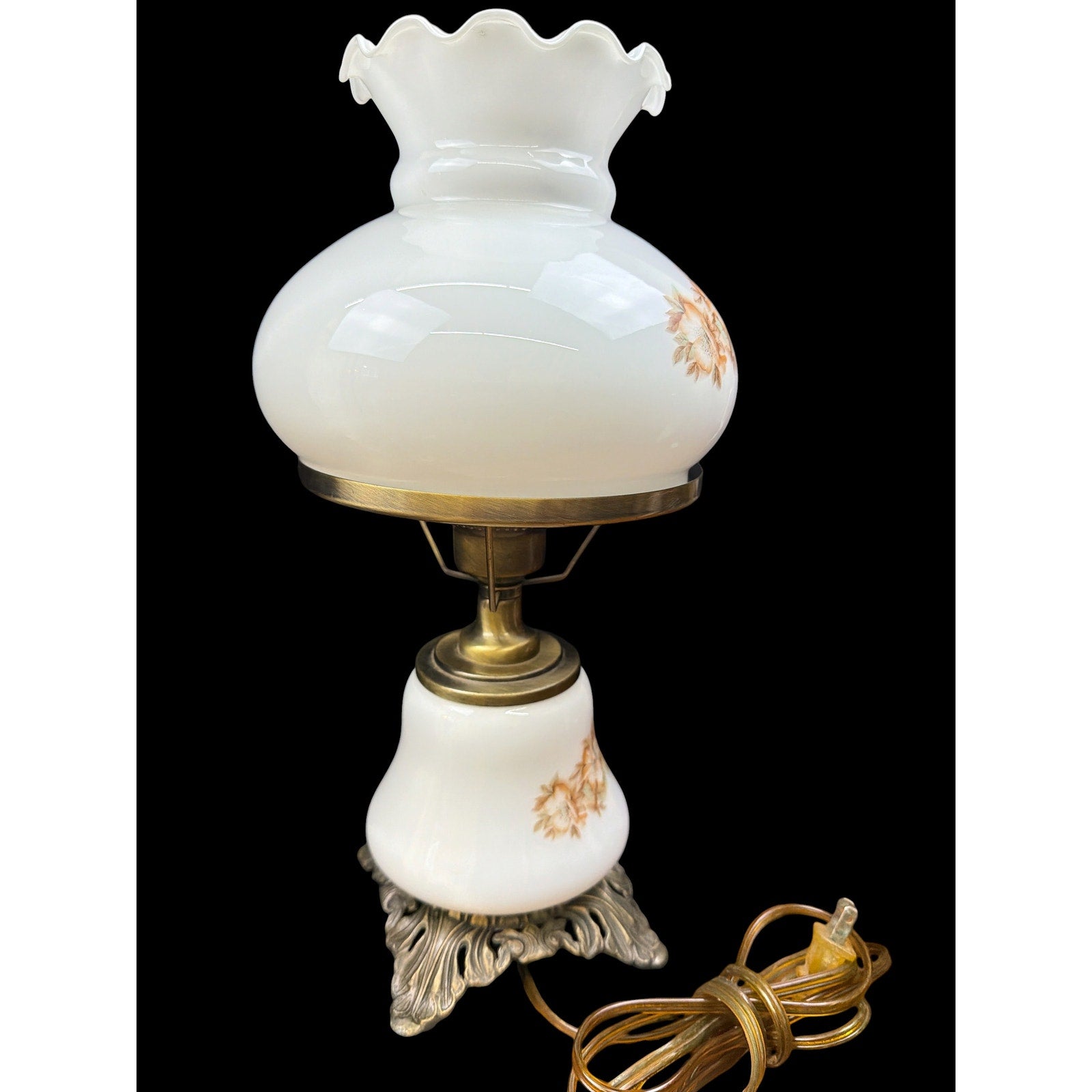 Vintage Milk Glass Hurricane Table Lamp with Floral Shade & Cast Metal Base