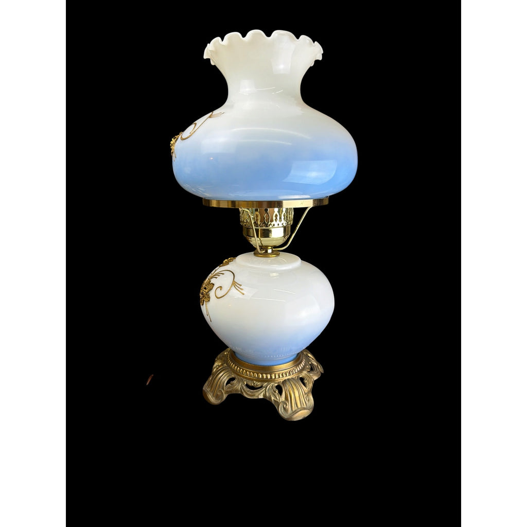 Attributed Falkenstein Blue Opaline Gone With the Wind Dual Light Hurricane Lamp