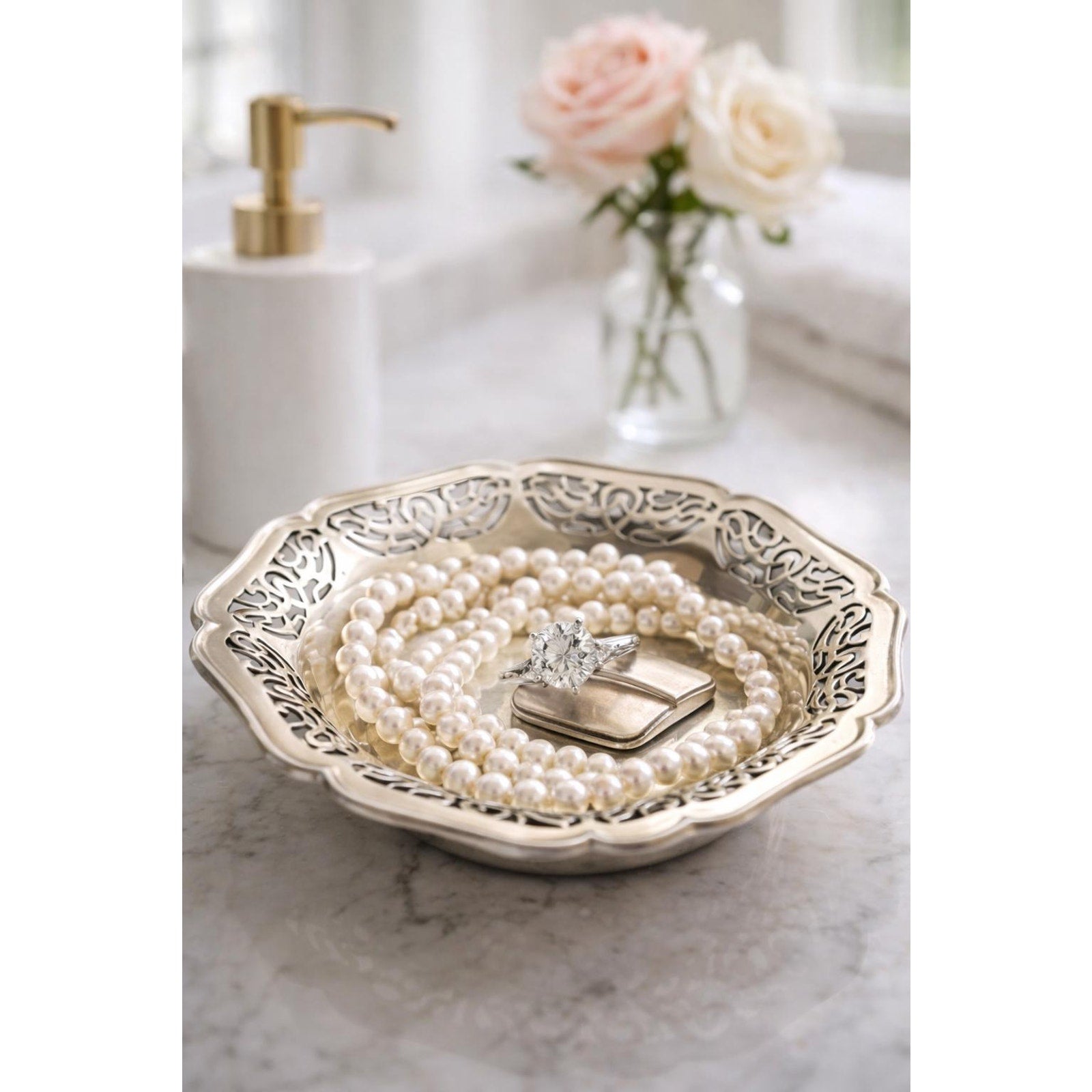 Vintage Silver Filigree Bowl Jewelry Dish Vanity Ring Holder Trinket Dish Bridal Bathroom Decor