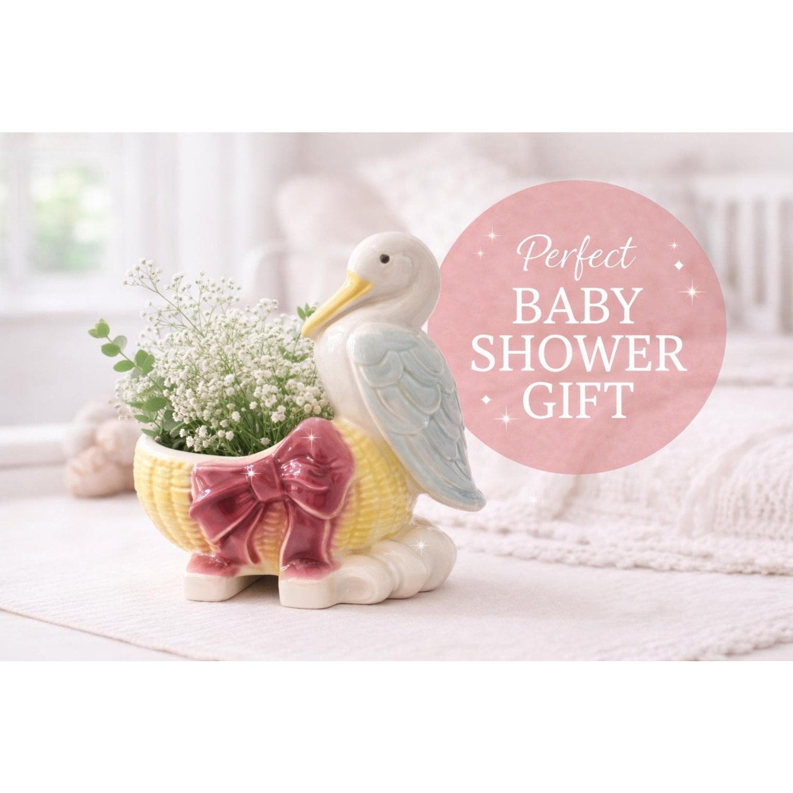 Vintage Pelican Baby Planter Nursery Decor Stork Style Baby Shower Gift Ceramic
