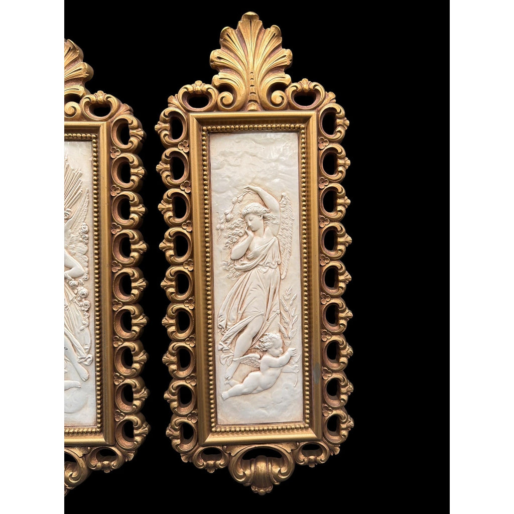 Vintage Homco Angel Cherub Wall Plaques Pair Gold Ivory Hollywood Regency Neoclassical Art