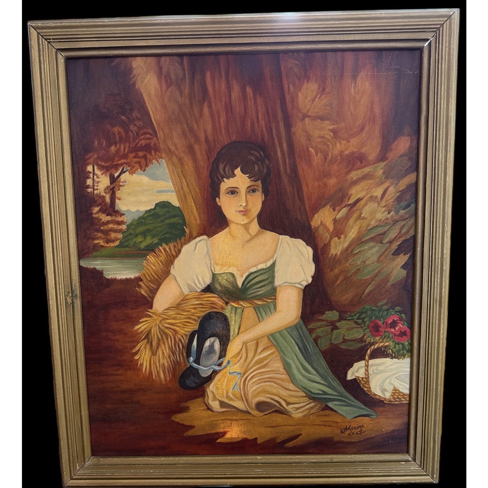 Vintage Oil Painting Portrait Woman Pastoral Signed Katherine Krefs Framed