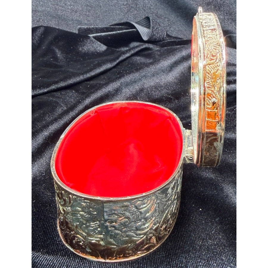 Vintage Silver Tone Jewelry Casket Red Satin Lined Oval Trinket Keepsake Box
