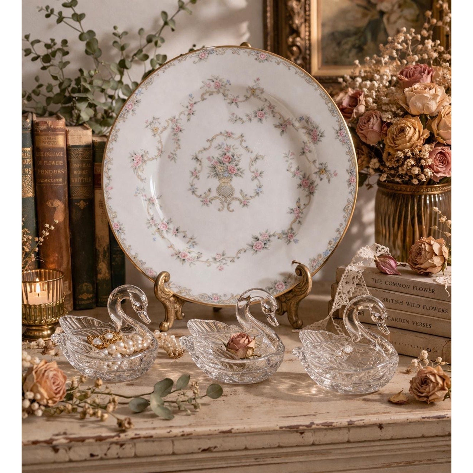 Vintage Swan Crystal Dish Set Noritake Plate Romantic Vanity Decor