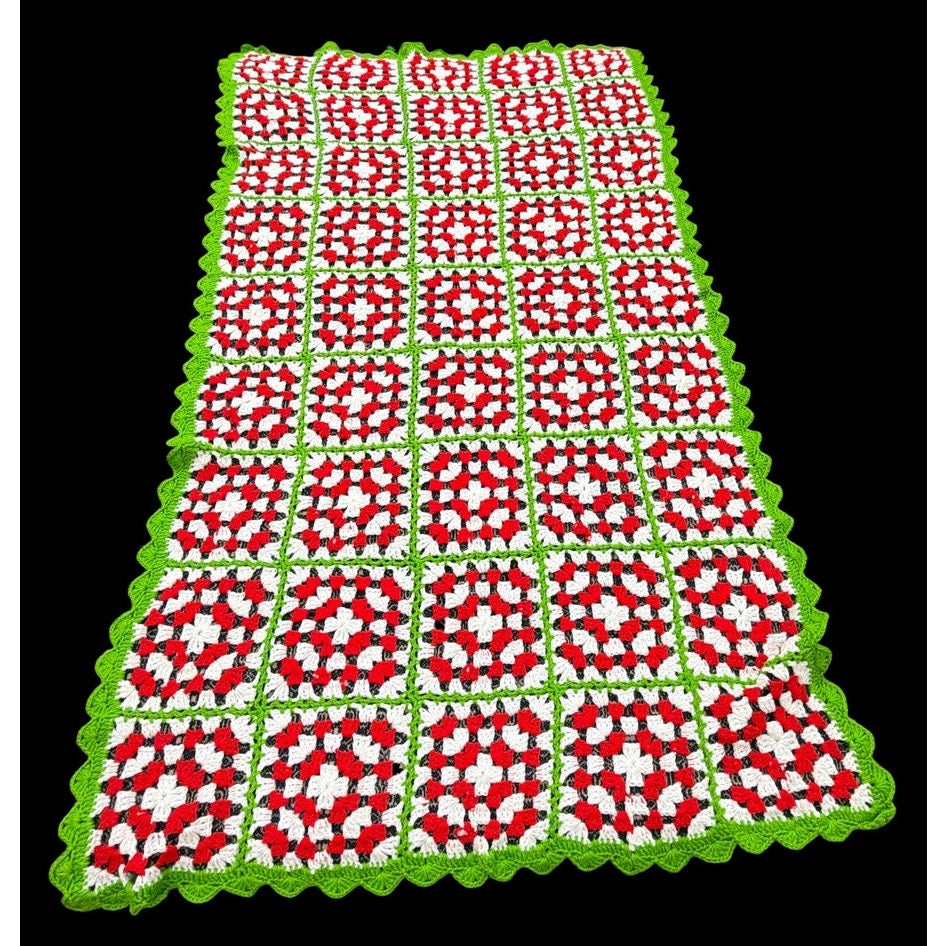 Christmas Crochet Afghan Red White Lime Green Granny Square Bed Throw 74 x 40