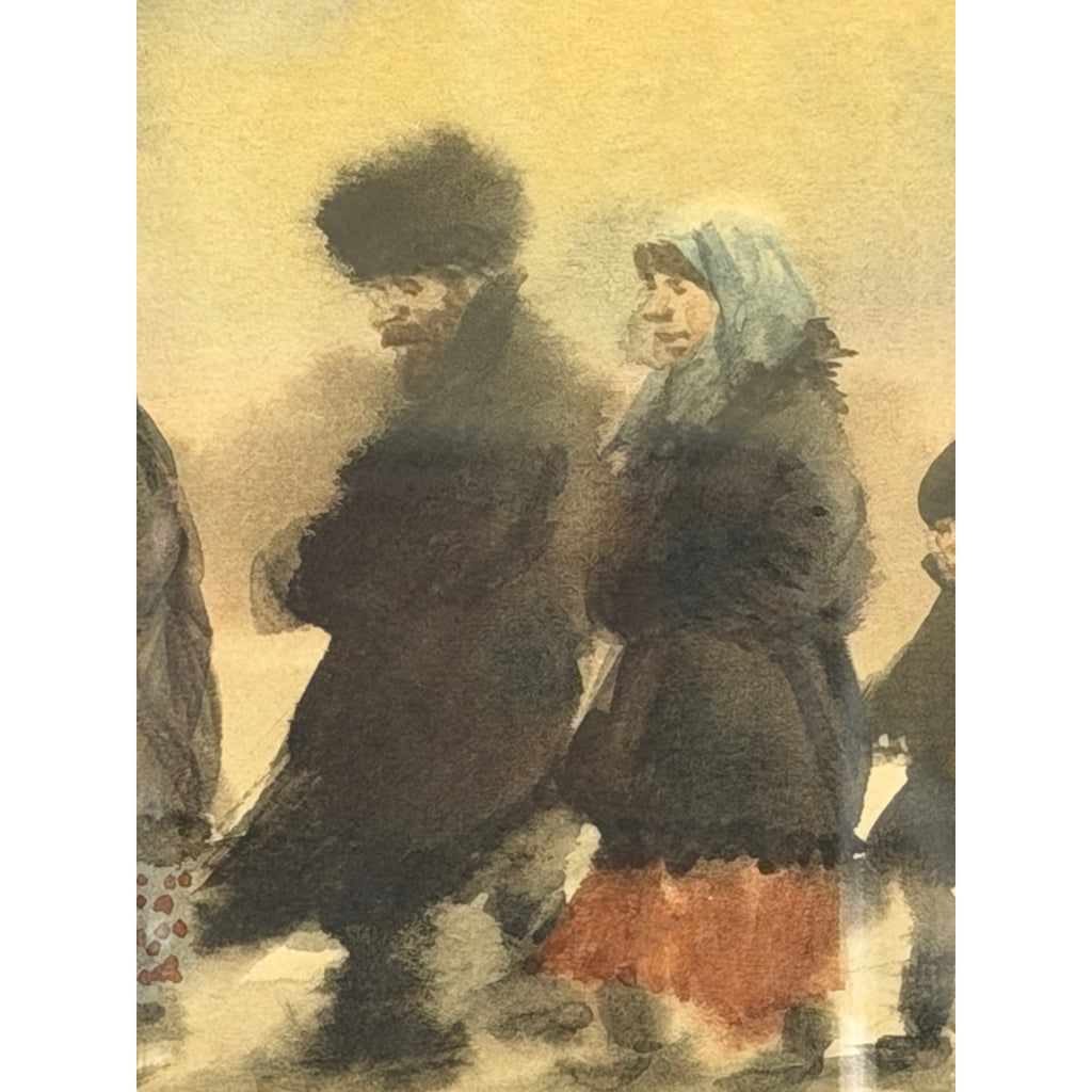 Original Watercolor Painting Russian Winter Procession Gilt Framed Folk Art – additional view 7