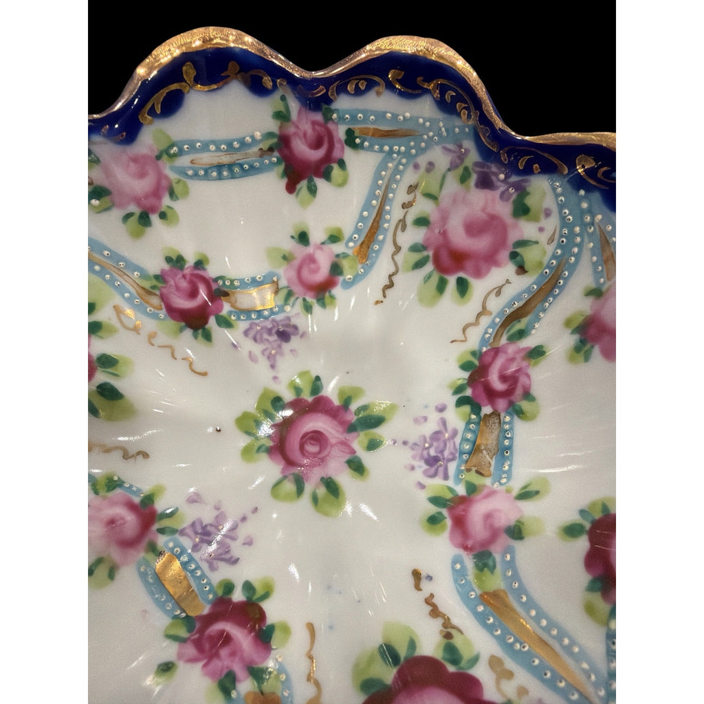 Vintage Hand Painted Japanese Footed Porcelain Bowl, Cobalt Blue & Gold Floral