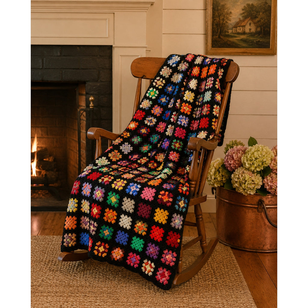 Vintage Handmade Granny Square Afghan Throw Black Crochet Blanket 78 x 52