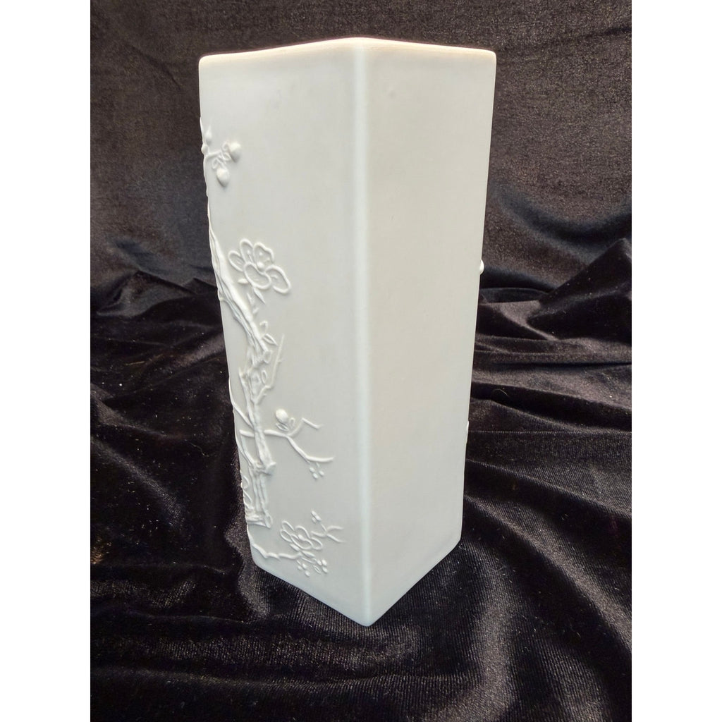 Vintage Matte Bisque Porcelain Butterfly & Cherry Blossom Hexagon Vase 7"