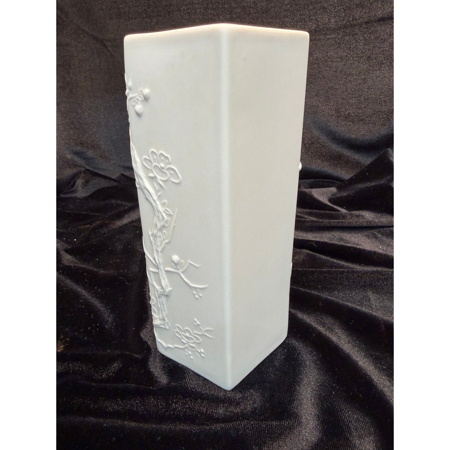 Vintage Matte Bisque Porcelain Butterfly & Cherry Blossom Hexagon Vase 7"