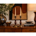 Mid Century Candlesticks Solid Brass Turned Wood 10 Inch Pair Vintage – main view