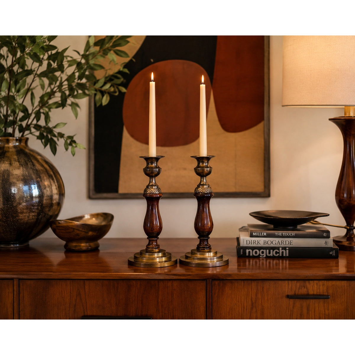 Mid Century Candlesticks Solid Brass Turned Wood 10 Inch Pair Vintage – main view