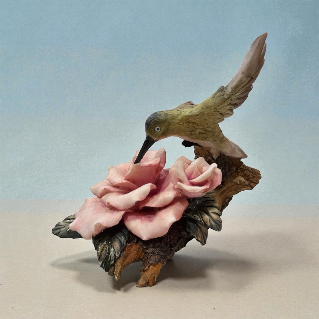 Hummingbird on Pink Rose Figurine Resin Floral Garden Decor Sculpture 8”
