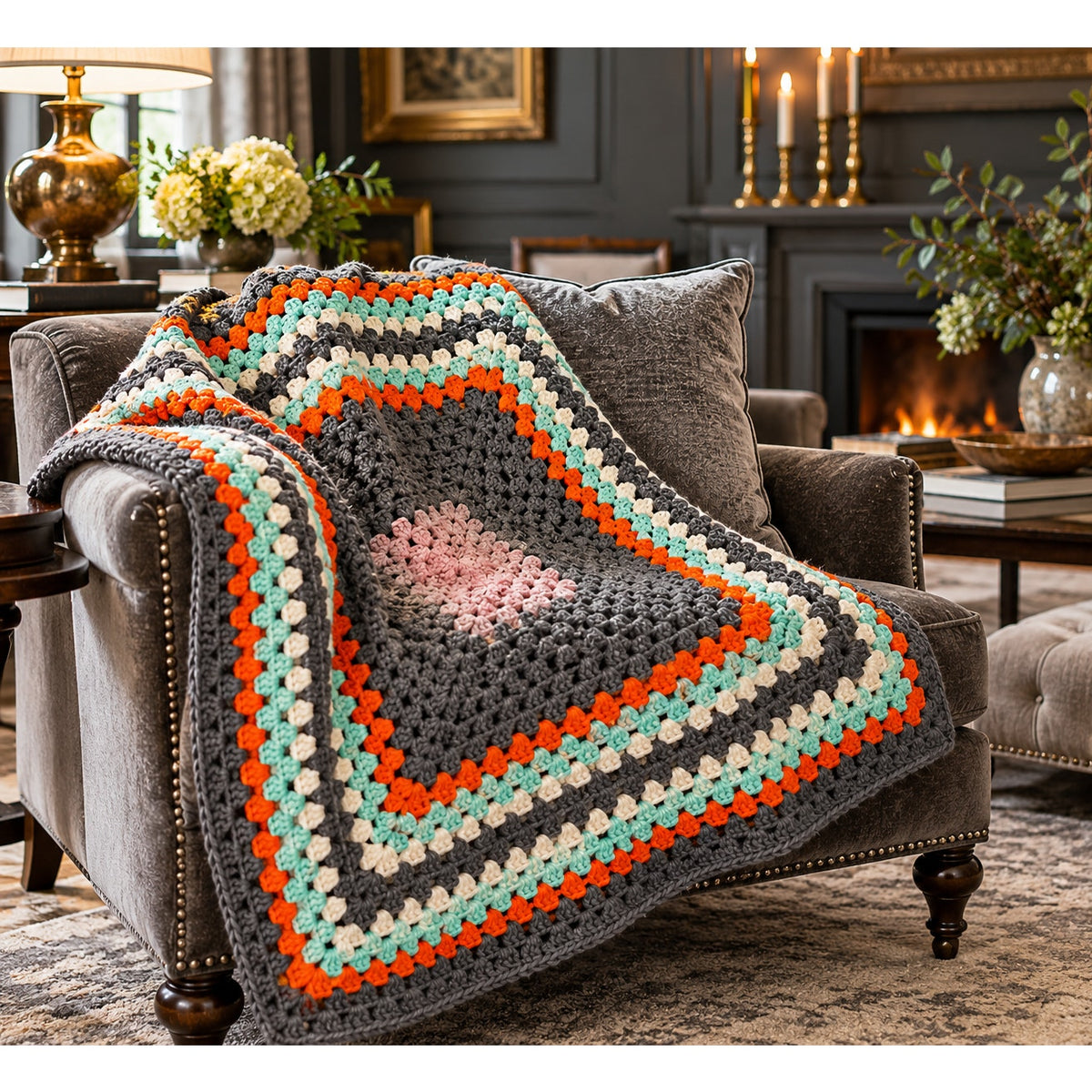 Vintage Atomic Autumn orange aqua and gray crochet lap afghan