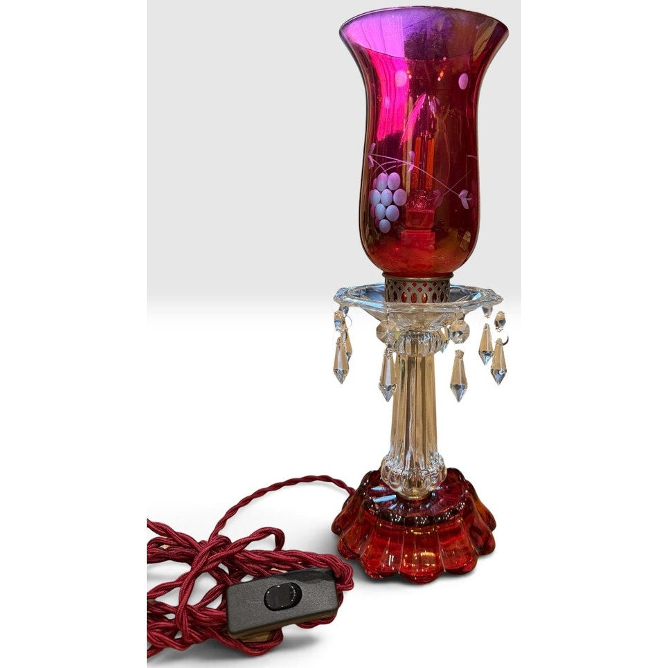 Vintage Cranberry Glass Hurricane Lamp Etched Grapes Crystal Prisms – additional view 4